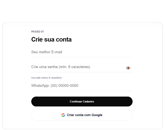 Cadastro: e-mail, senha e WhatsApp